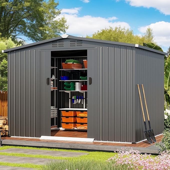 AECOJOY 6'x8' Outdoor Storage Shed with Sliding Door, Garden Sheds & Outdoor Storage Clearance 8x6, Waterproof Tool Storage Cabinet Weatherproof for Yard in Dark Grey