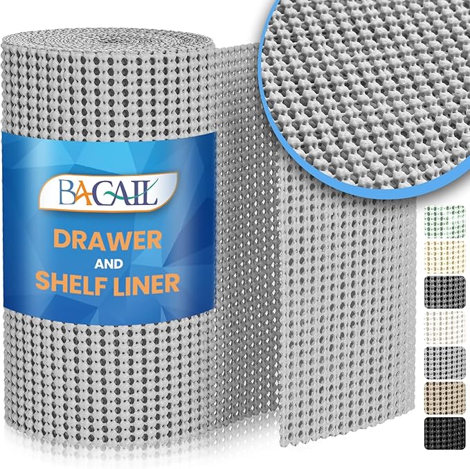 BAGAIL Drawer and Shelf Liner, 17.5 in X 10 Ft Non-Adhesive Shelf Liners for Kitchen Cabinets, Thick Strong Grip Liners for Desk, Shelves, Bathroom Drawers, Cabinet Protection - LightGrey