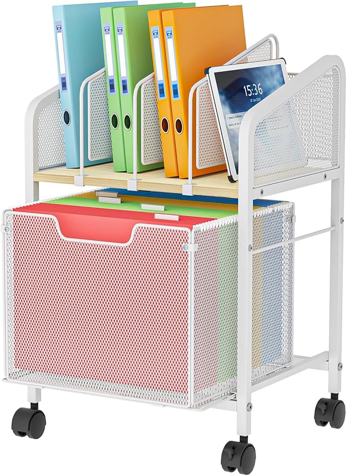 Rolling File Cabinet with Adjustable Dividers, Mobile Filing Cabinet with Storage Drawer on Lockable Wheels, Hanging File Organizer Beside Under Desk for Office, Home, White（Patent Pending）