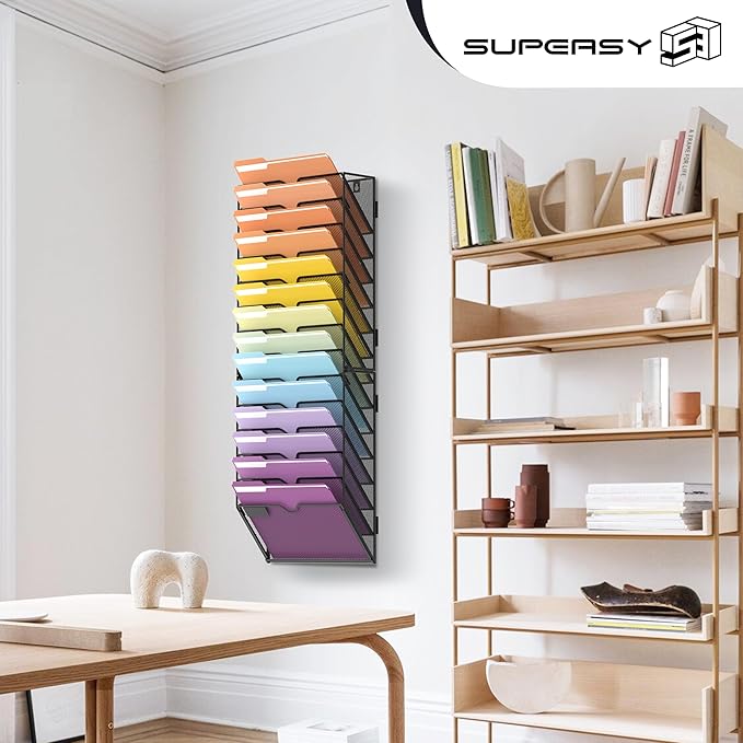 SUPEASY 14-Tier Hanging Wall File Holder Organizer for Papers, Folders, Files Clipboard & Magazine Organization Great for Office Home, Assembly Needed, Black