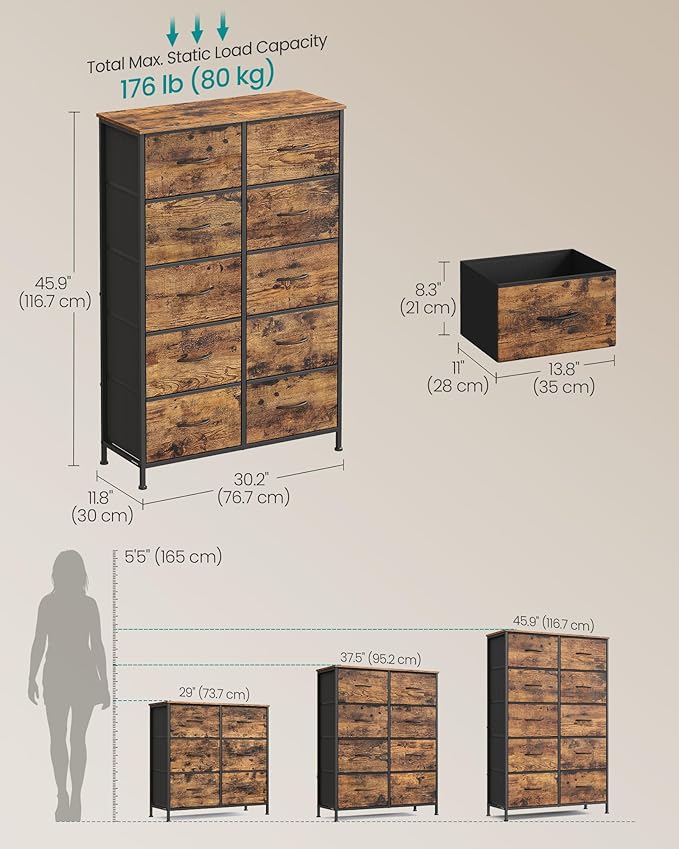 SONGMICS Dresser for Bedroom, Chest of Drawers, Steel, MDF, 10 Non-Woven Fabric Drawers, Storage Organizer Unit, Closet, Entryway, Rustic Brown and Ink Black ULGS125B02S
