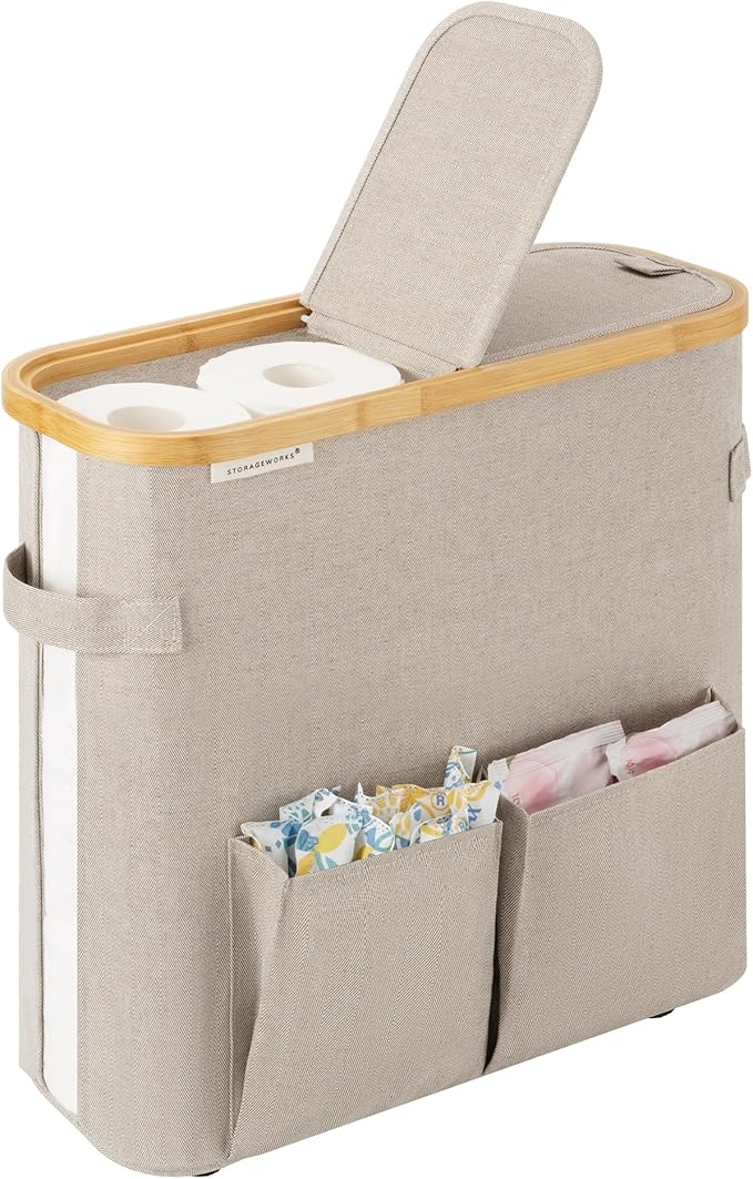 StorageWorks Toilet Paper Storage Baskets with Dual Flip Lids, Toilet Paper Organizer for Bathroom, Toilet Paper Container with Side Pocket, Holds 9 Mega or 12 Regular Rolls, Medium, Brown