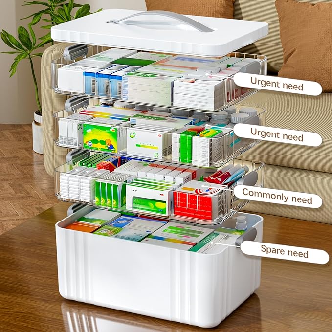 4-Tier Medicine Organizer - Portable Medicine Cabinet with Plastic Handle, Multipurpose Medical Box, Empty First Aid Kit for Home