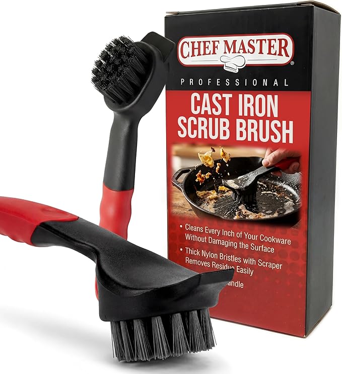 Cast Iron Scrub Brush & Scraper, Dish Scrubber Brush with Heavy Duty Scraper & Superior Nylon Bristles for Cleaning Cast Iron Pan & Skillets, Removes Grime, Grease & Food Build Up by Chef Master 90058