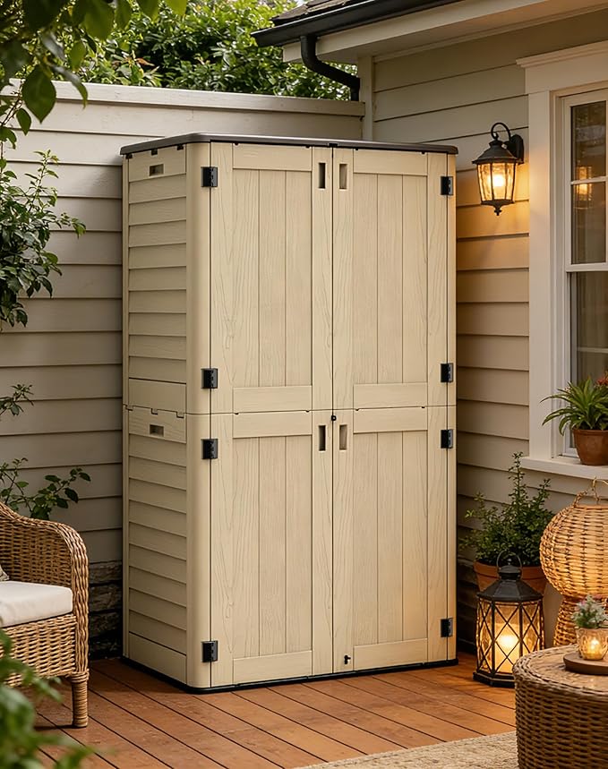 Vertical Outdoor Storage Shed, 60 Cu.Ft Resin Storage Cabinet Waterproof with Lockable Floor, All-Weather Tall Backyard Shed for Patio Furniture, Garage, Garden, Porch (Khaki)