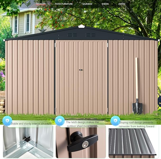AECOJOY 10' x 12' Shed, Outdoor Storage Shed, Large 12x10 Metal Sheds & Outdoor Storage Clearance Steel Yard Shed with Lockable Doors, Utility and Tool Storage Garden Shed for Backyard, Outside