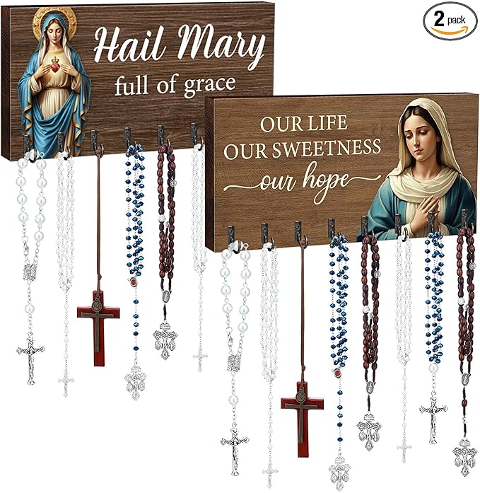 Chunful 2 Pack Rosary Holder Wall Mounted with 16 Hooks Wooden Rosary Hanger Religious Jewelry Hanger Organizer Decorative Jewelry Shelf Catholic Wall Decor for Necklace Bracelet Godparent Gift