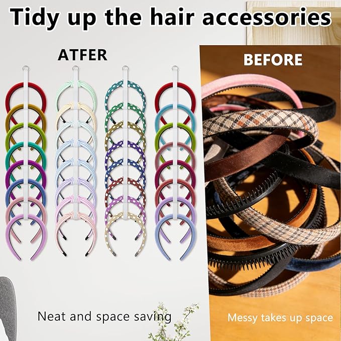 4 Pcs Headband Holder Organizer, White Hanging Wall Mounted Hairband Accessories, Hair Hoop Storage Display with 32 Total Rings for Women Girls, Bedroom Dorm Closet Decor