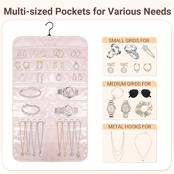 Upgraded 2-sided Hanging Jewelry Organizer Storage Pocket with 5 Sizes Compartments & 1 Anti-tangle Holder Hook for Necklace,Dustproof Display Pouches for Earring,Chain,Bracelet,Watches,Glasses,1 Pack