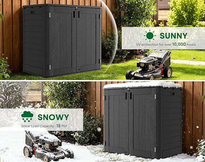 30 Cu.Ft Outdoor Storage Shed, Multi-Purpose Weather-Resistant Utility Shed for Garbage Cans, Lawn Mower, Garden Tools, Waterproof Resin Horizontal Cabinet with Pad-Lockable Doors (Black)