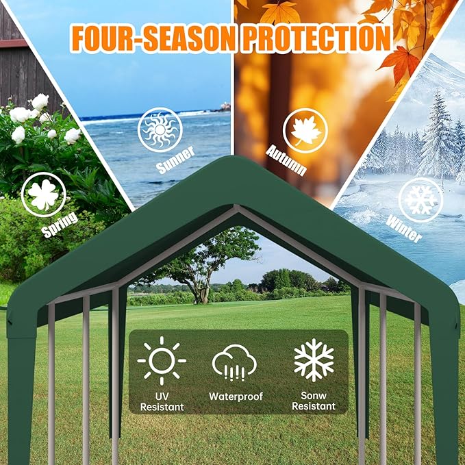 Carport Canopy 10 FTx20 FT Heavy Duty Replacement Cover, 800D Oxford Garage Shelter Cover Waterproof & UV Protected, Tarp with Ball Bungees, Not Include Frame, Dark Green