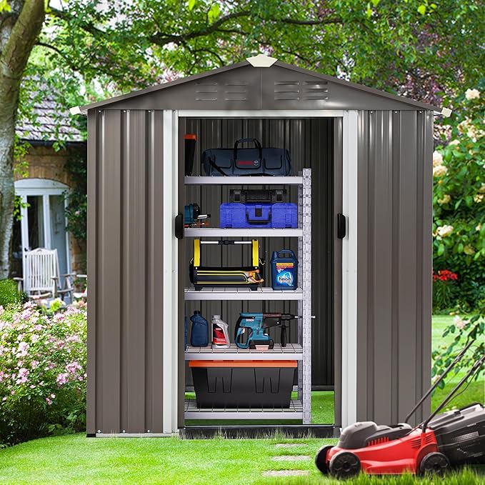 Shintenchi 6x4 FT Outdoor Storage Shed with Window, Lockable Outdoor Waterproof Tool Storage Sheds, Weather Resistant Tool Storage House Shed for Garden, Backyard, Patio Utility Tool Storage,Dark Gray