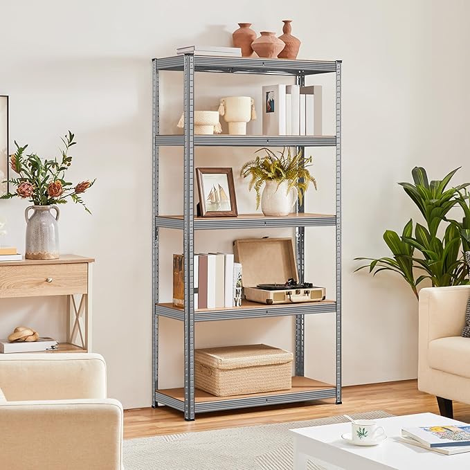 Topeakmart 5-Tier Utility Shelves, Metal Storage Shelves Garage Shelving Unit Adjustable Garage Storage Shelves Storage Racks Heavy Duty Shed Shelving- Light Gray, 35.5 x 16 x 71 Inch