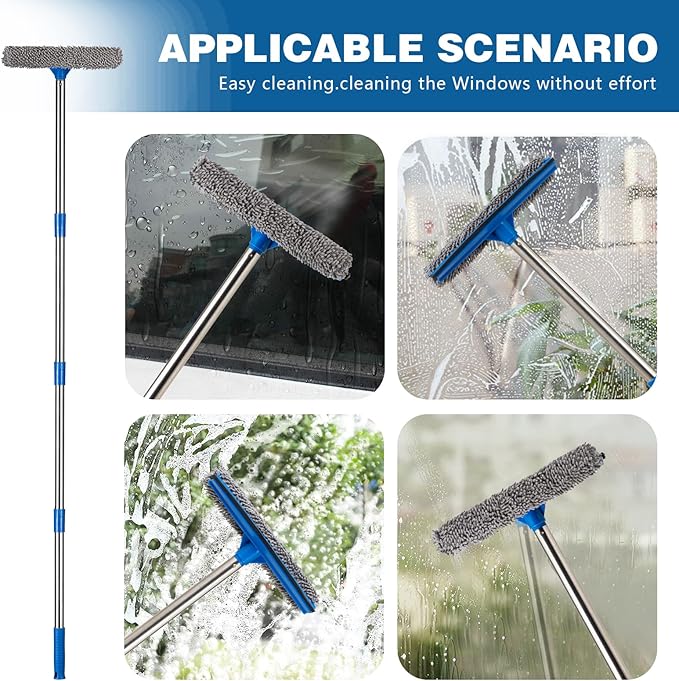 30"-59" Window Squeegee,2 in 1 Squeegee Window Cleaner with Long Stainless Steel Handle,Sponge Car Window Squeegee for Gas Station, Glass,Shower,Outdoor High Window Cleaning (Green) (51 inch)