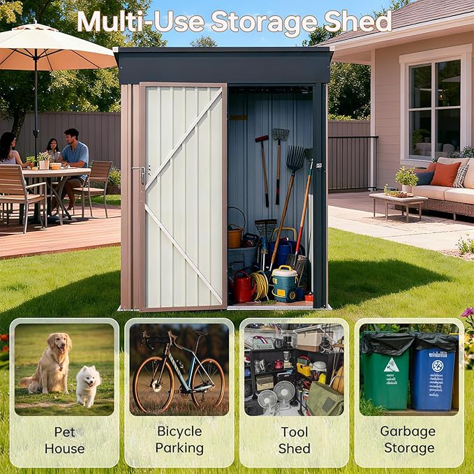 5x3FT Outdoor Storage Shed, Metal Garden Tool Shed with Sloping Roof & Lockable Door (Brown，5'x3')