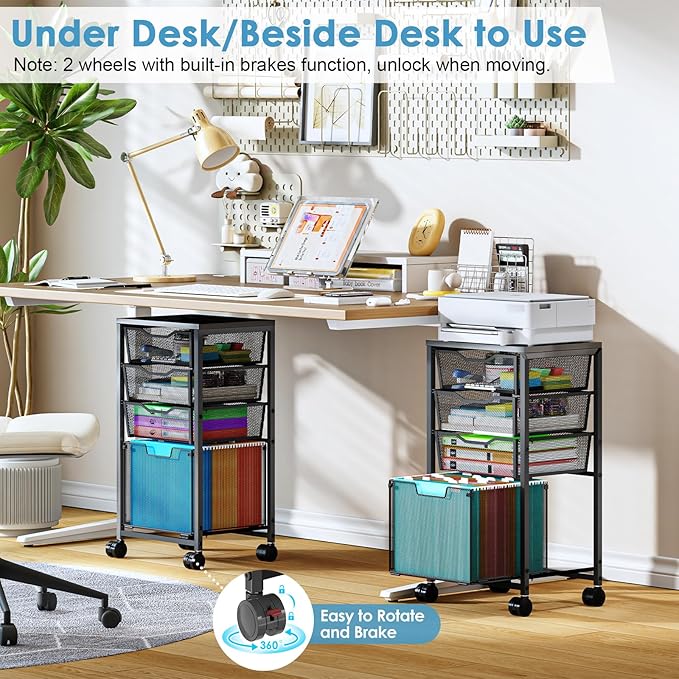 4 Drawers Rolling File Cart, Under Desk Mobile Filing Cabinet with Wheels, File Cabinets for Home Office, Hanging File Folder Organizer Utility Craft Cart Printer Stand, Black