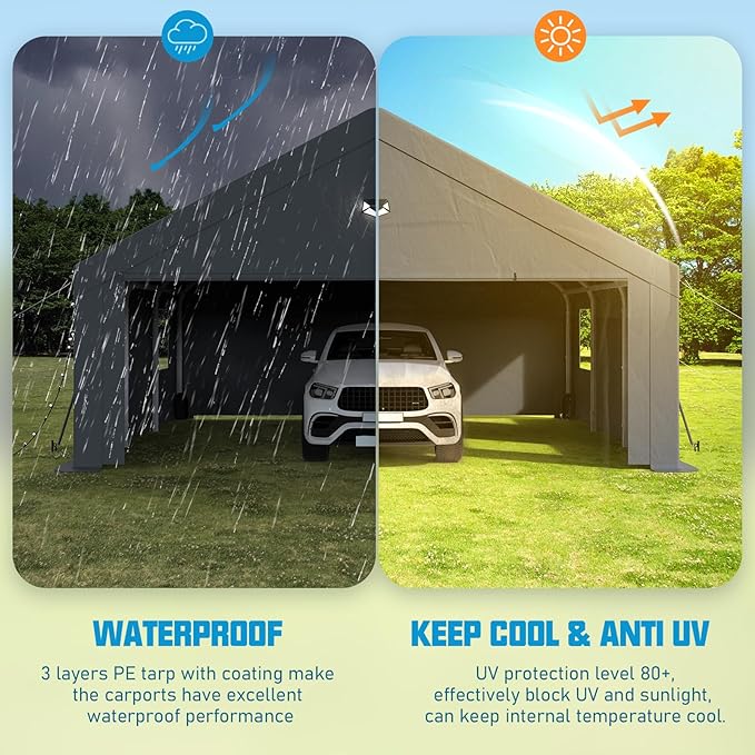 Carports Canopy 20x20 Heavy Duty, Portable Car Port Garage with Roll Up Drive Through Doors, Grey