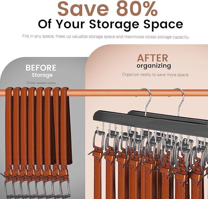 Solid Wood Belt Hanger, 14 Hooks Belt Organizer Space Saver for Closet, 360° Rotating Belt Holder Tie Rack for Men Women Dorm Bra Purse Scarf Tank Top Storage Accessories (Black)