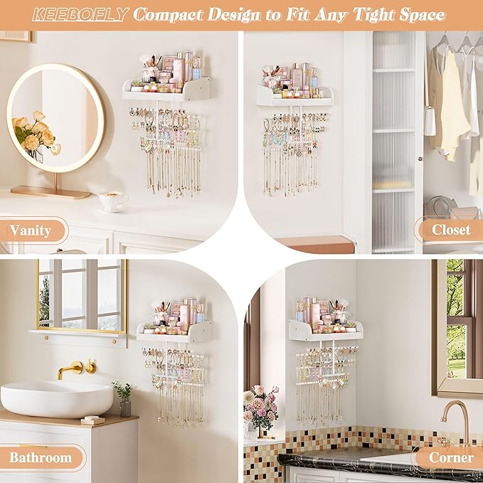 Keebofly Wall Mounted Jewelry Organizer 7-in-1 with Large Stepped Rustic Whitewood Shelves - Iron Jewelry Holder for Earring, Necklace, Bracelet Storage + Makeup/Perfume/Nail Polish Display