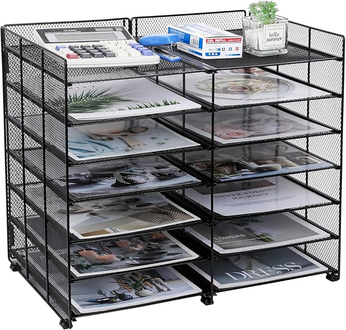 TQVAI 7-Tier Desk Paper Organizer, 12 Slots Mesh Countertop File Mail Organizer, Adjustable Sliding Shelves, Desktop Mailbox Cubbies for Office, Classroom, Black