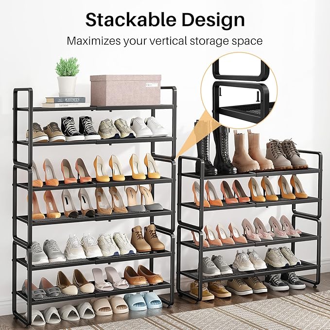 Shoe Rack - Expandable Shoe Organizer for Closet, Adjustable Metal Shoe Shelf Storage, Stackable Long Shoe Stand Holder for Garage, Entryway, Door Entrance (Black, 4-Tier)