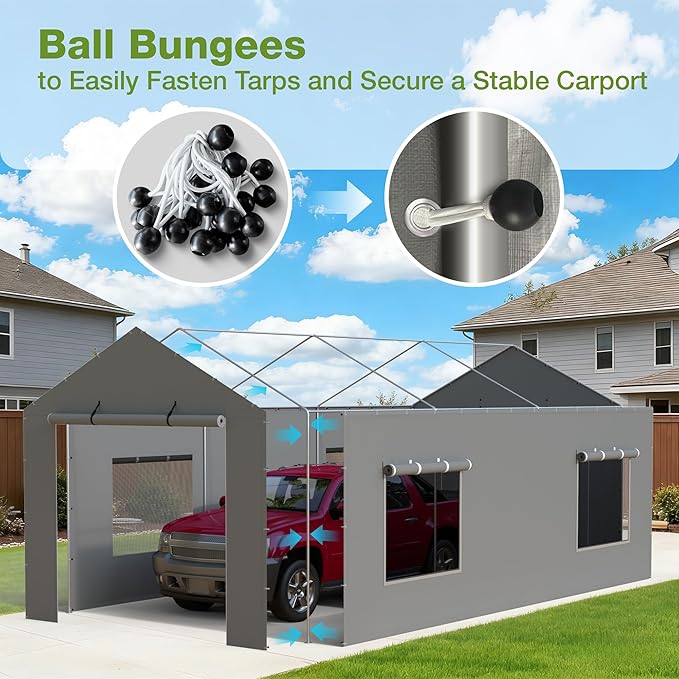 2 Pack Carport Canopy Replacement Sidewalls with Roll-up Windows, 2 Pack Zipper Doors for 12x20FT, Waterproof & UV Protected, Easy Assembly with Ball Bungees, Grey (Frame and Top Cover Not Included)