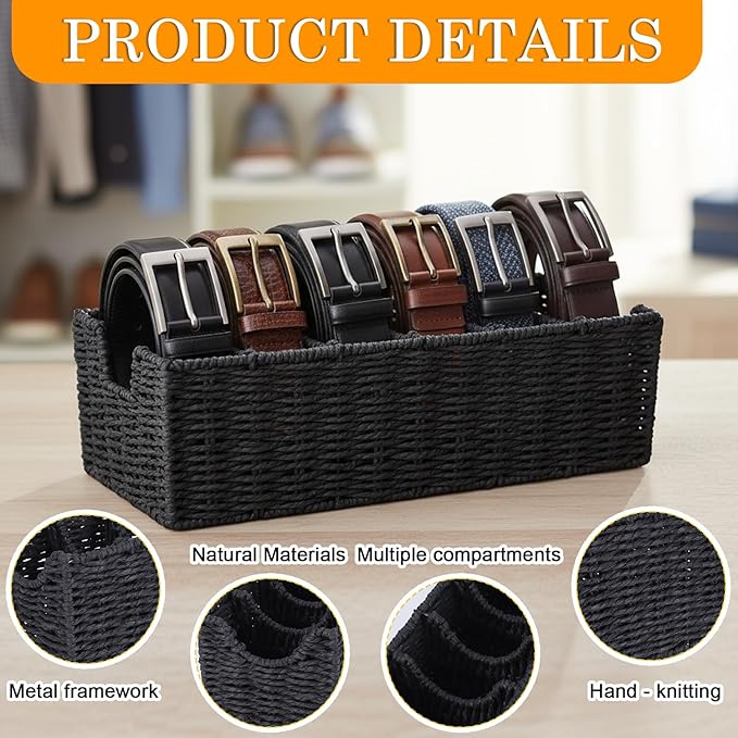 Rattan Belt Organizer for Closet, 6-Compartment Bamboo Tie and Belt Storage Box, Natural Belt & Tie Case Holder for Dresser Drawer-Black