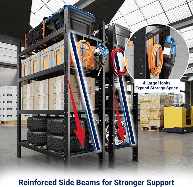 FLEXIMOUNTS Garage Shelving Heavy Duty, 49.6" W 4-Tier 10000LBS Industrial Shelving Unit with 4 Hooks, Adjustable Storage Shelves for Garage, Basement, Warehouse, 71" H x 49.6" W x 23.6" D