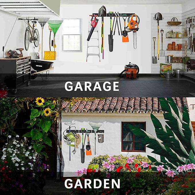 Garage Organzier Wall Mount, 48 Inch Garden Tool Organizer, 16PCS Heavy Duty Garage Storage Organization, Adjustable Tool Storage Rack Hooks, Yard Shed Tool Organizer Hold Max 450 lbs