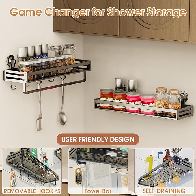 Shower Caddy Suction Cup, 11.8 inch Suction Shower Shelf with Hooks NO-Drilling Bathroom Holder, Rustproof Bathroom Organizer, Dark Grey