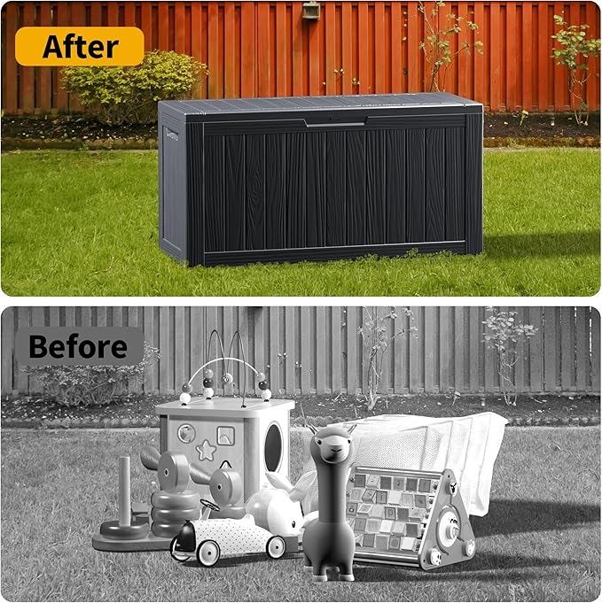 ROJIK Outdoor Storage Housing Deck Box - Waterproof Patio Furniture, Garden Tools, Cushions, Pool Accessories Storage Bench with Lockable Lid and Side Handles (Black 80 Gal)