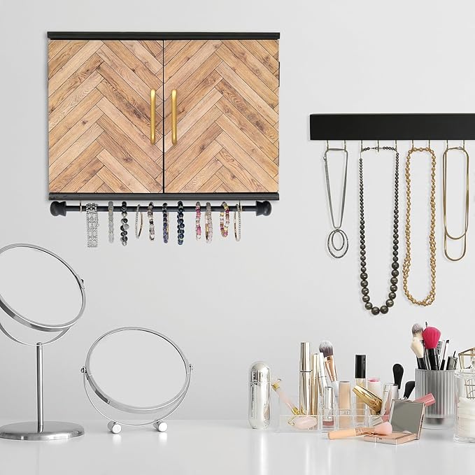 Wall Mounted Jewelry Organizer with Herringbone Wood Pattern. Jewelry holder for Necklaces, Earings, Bracelets, Ring Holder, and Accessories. Includes hooks for hanging jewelry - Black & Brown
