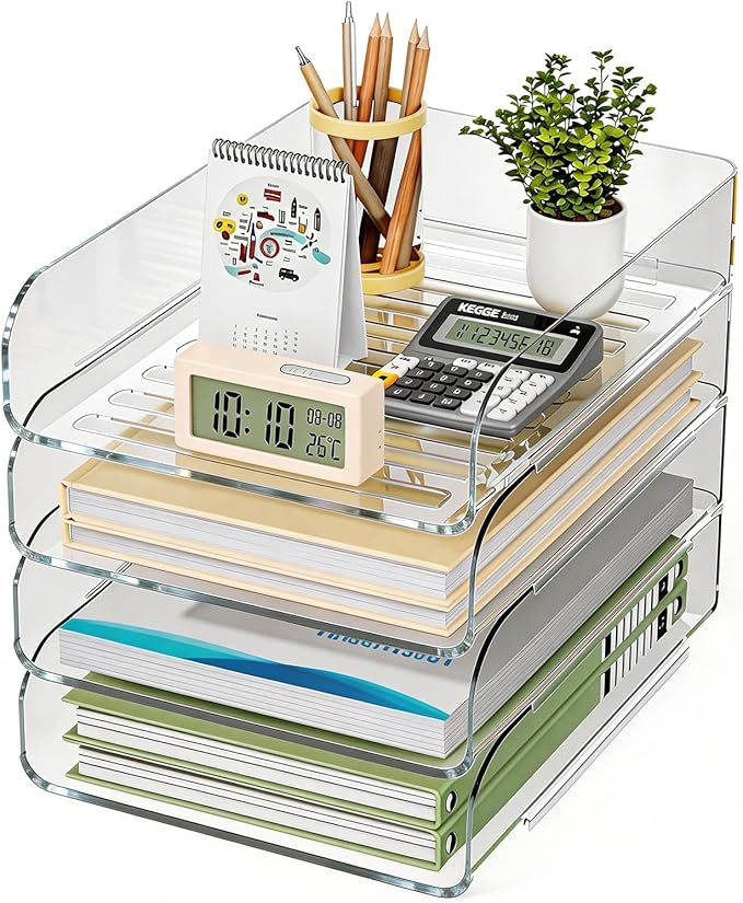HIYOHIYO 4 Tier Clear A4 Paper Tray, Acrylic Desk Organizer for A4 File, Stackable Paper Organizer for Office, Large Capacity Desktop Letter Holder, Stackable Papers Storage Rack, Vertical Style