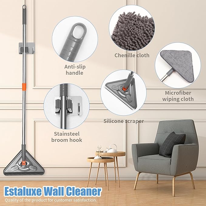 85" Wall Mop Cleaner with Long Handle and Stainless Steel Hook - 180° Rotating Wall Cleaner - Duster Tool for Walls, Multifunctional Scrapper, Ceiling, Windows and Floor with Extension Poles