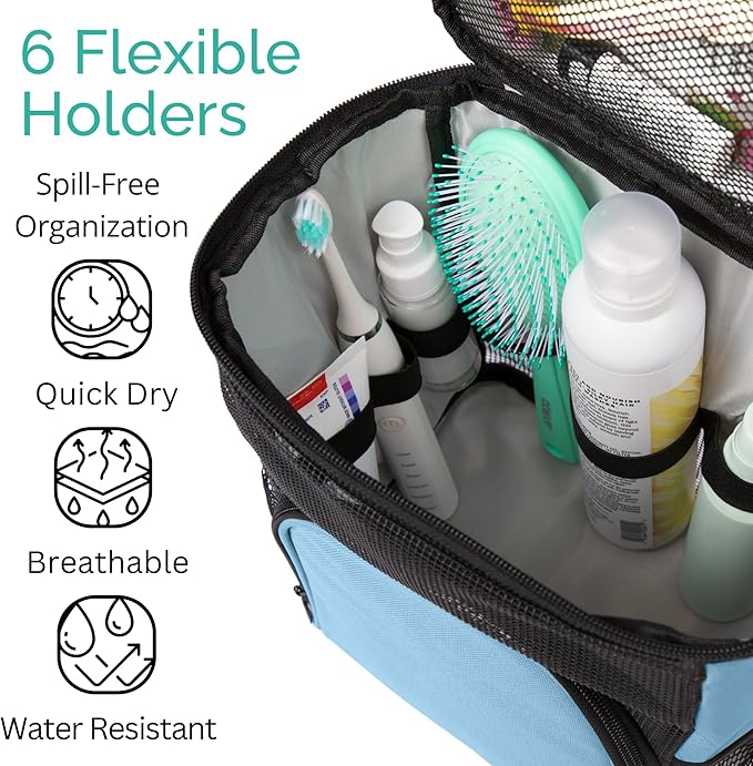 College Dorm Room Essentials for Girls - Shower Caddy Dorm - Original, Portable, Durable, Roomy, Foldable Water Resistant Shower Bag in Light Pink with Metal Hook for Hanging (Light Blue)
