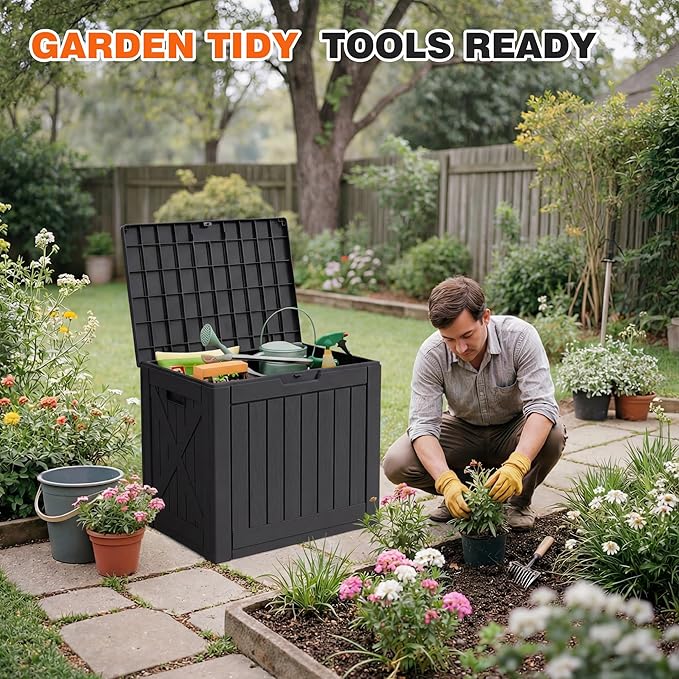42 Gallon Outdoor Storage Box, Lockable Resin Deck Box for Patio, Yard, and Poolside, Waterproof & Sunproof Organizer for Furniture, Tools, Pool Supplies, Black
