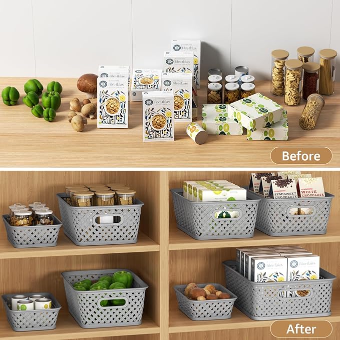 MaxGear Organization and Storage 3 Packs, Plastic Bins Organizer Bins, Woven Baskets for Storage, Plastic Baskets with Handles, Grey Basket for Organizing, Basket Organizer for Home and Office, Medium