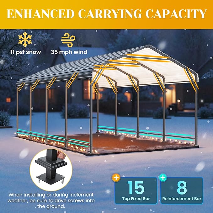12' x 20' Metal Carport, Heavy Duty Canopy with Updated Roof & Enhanced Base, Multi-Use Carport Garage for Car, Truck, Boat, Tractors, Party, Grey