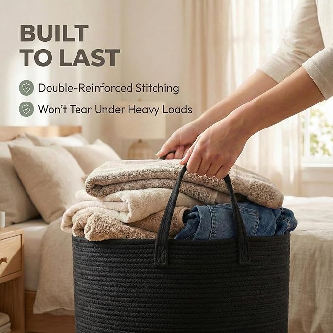 65L Extra Large Blanket Basket for Living Room - Woven Cotton Rope Laundry Hamper with Reinforced Handles - Storage Bin for Pillows, Comforters & Toys - Machine Washable,Black