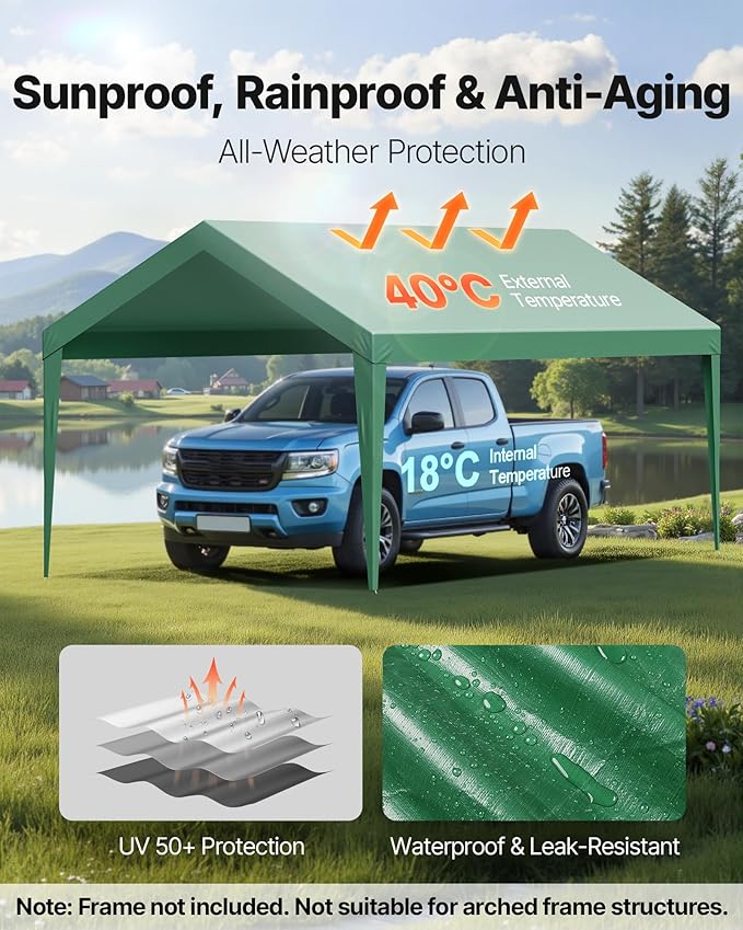 VEVOR Carport Replacement Canopy Cover, 10 x 20 ft Potable Garage Tent Top Tarp, UV-Resistant & Waterproof Car Shelter Tarp, Heavy Duty Car Port Cover with Ball Buggees, Dark Green, Frame Not Included
