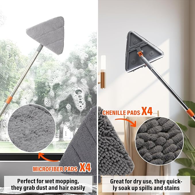 Wall mop Cleaner with 8 Replacement Pads,Wall Cleaning mop with Extension Pole 29" to 85",360° Folding Rotating Baseboard Cleaner Tool with Long Handle for Painted Walls, Window, Floor,Ceiling