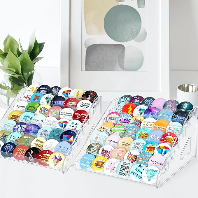 PACMAXI 7-Layer Transparent Acrylic Button Pins Display Case, Large Capacity Storage Organizer for 35-60 Badges, Portable and Durable Display Box (2 Pack 7-Layers)