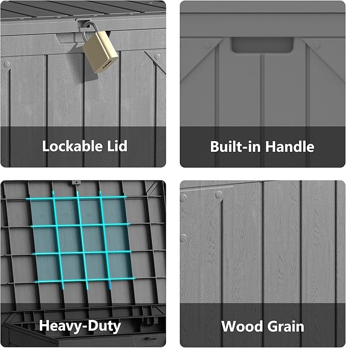 Outdoor Storage Deck Box Waterproof,30 Gallon Lockable Patio Package Delivery Bin as Seat, Resin Storage Container Bench for Furniture Cushions, Pool Accessories, Garden Tools, Grey