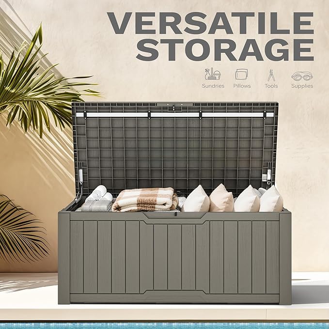 DWVO 120 Gallon Outdoor Storage Deck Box, Weather-Resistant Resin, Versatile for Patio Furnishings, Outdoor Cushions, Garden Tools, and Sports/Pool Gear (Light Brown)