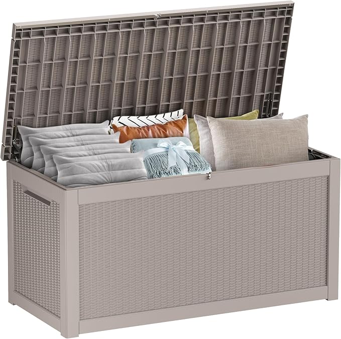 320 Gallon Outdoor Deck Box,Waterproof Resin Outdoor Storage Boxes, Outside Storage Lockable Container for Garden Tools,Indooor Cushions,Accessories (Grey)