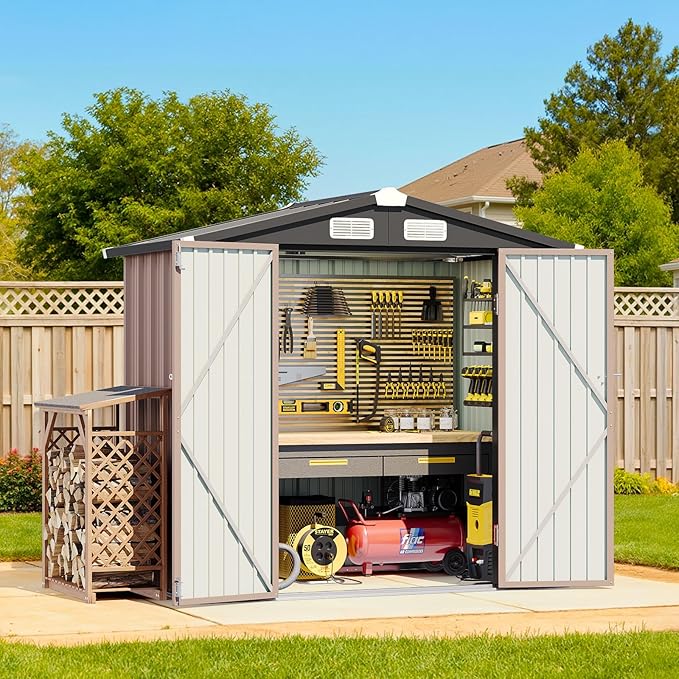 6x4 FT Outdoor Storage Shed with Lockable Double Doors & Loping Roof, Outdoor Metal Shed for Bike, Tool, Generator Storage in Backyard, Patio (6’x4’)