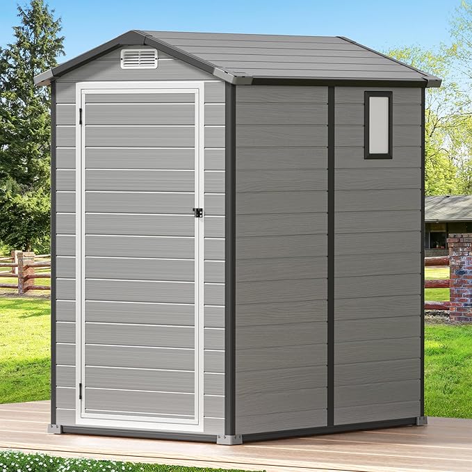 GVDV 4×6FT Outdoor Resin Plastic Storage Shed with Reinforced Floor, All-Weather Plastic Shed with Lockable Door, Window, Waterproof Tool Storage for Garden, Backyard, Patio, Tool Storage