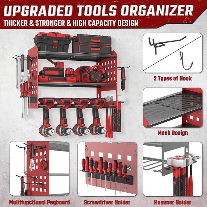 Power Tool Organizer, Heavy Duty Wall Mount Tool Organizer 3 Layers with 4 Drill Holders, Garage Tools Storage Rack with 2 Side Pegboards and Hooks for Workshop, Shed, Red