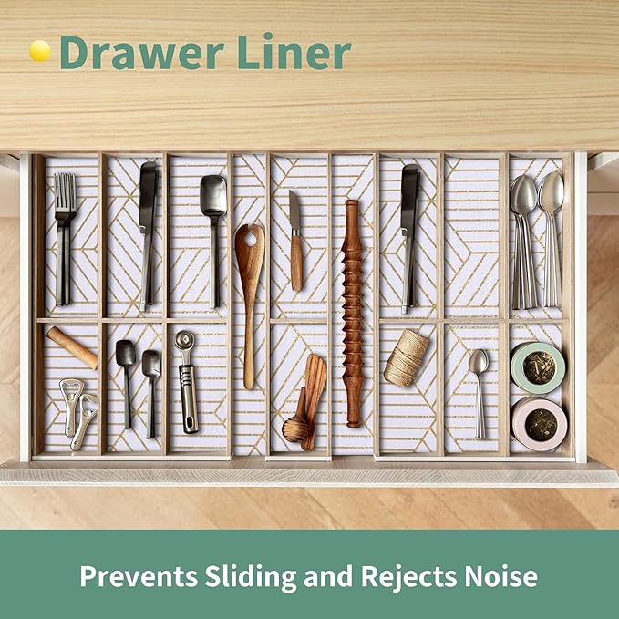 Shelf Liners for Kitchen Cabinets 23.6 in x 20 FT, Non Adhesive Cabinet Liner Strong Non-Slip Thickened Gold Geometric Drawer Liner, Easy to Clean for Shelf …
