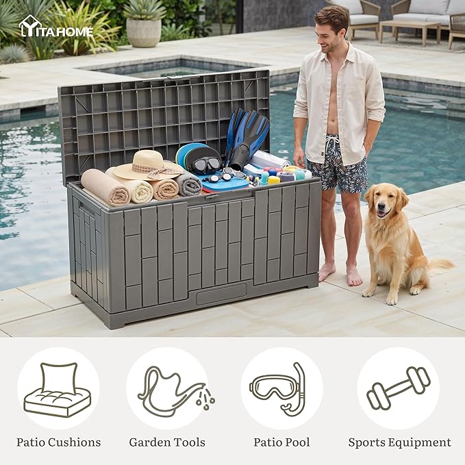 YITAHOME 60 Gallon Outdoor Storage Box, Lockable Resin Deck Box with Handles, Waterproof Outdoor Storage Box for Patio Furniture, Garden Tools and Pool Accessories, Light Brown
